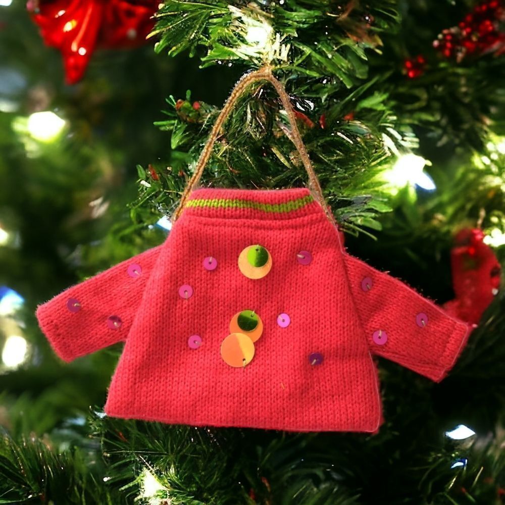 MINI Ugly Christmas Sweater Ornament Christmas Gift Bag Beaded Sequins Red.‎